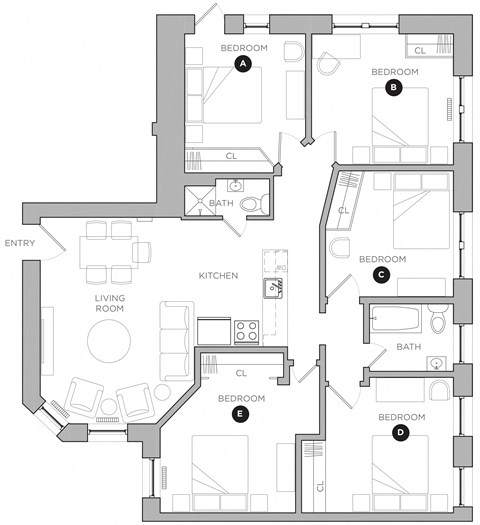 Floor plan for 5 beds, 2 baths, 322 sqft